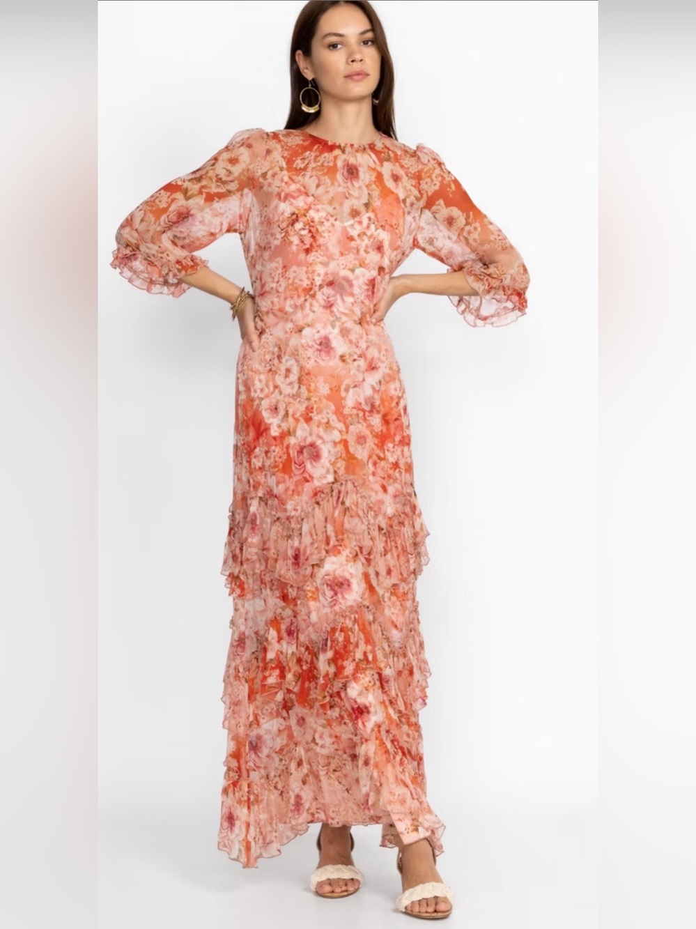 Johnny Was Pink Coral Floral Ruffle Maxi Dress - Picture 5 of 14